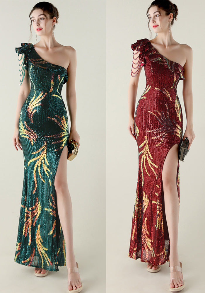 Sequin Beaded One-Shoulder High Slit Fishtail Dinner Party Dress