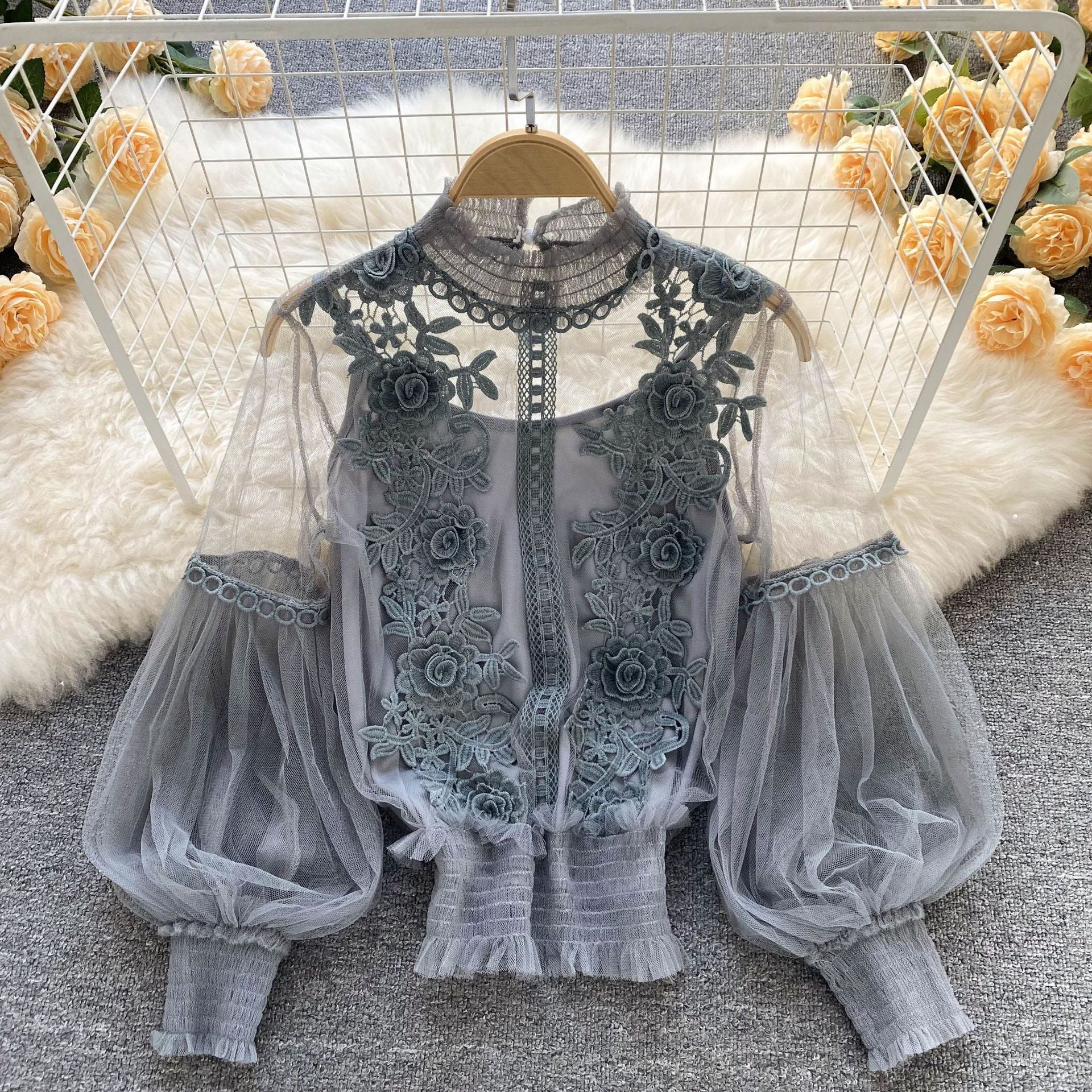 Women Flowers See-Through Mesh Lantern Sleeves lace crop Top 14