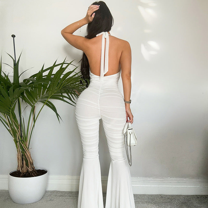 Women's Spring and Summer Deep V-Neck Halter-Neck Lace-Up Low-Back Gathered Bell-Bottom Jumpsuit