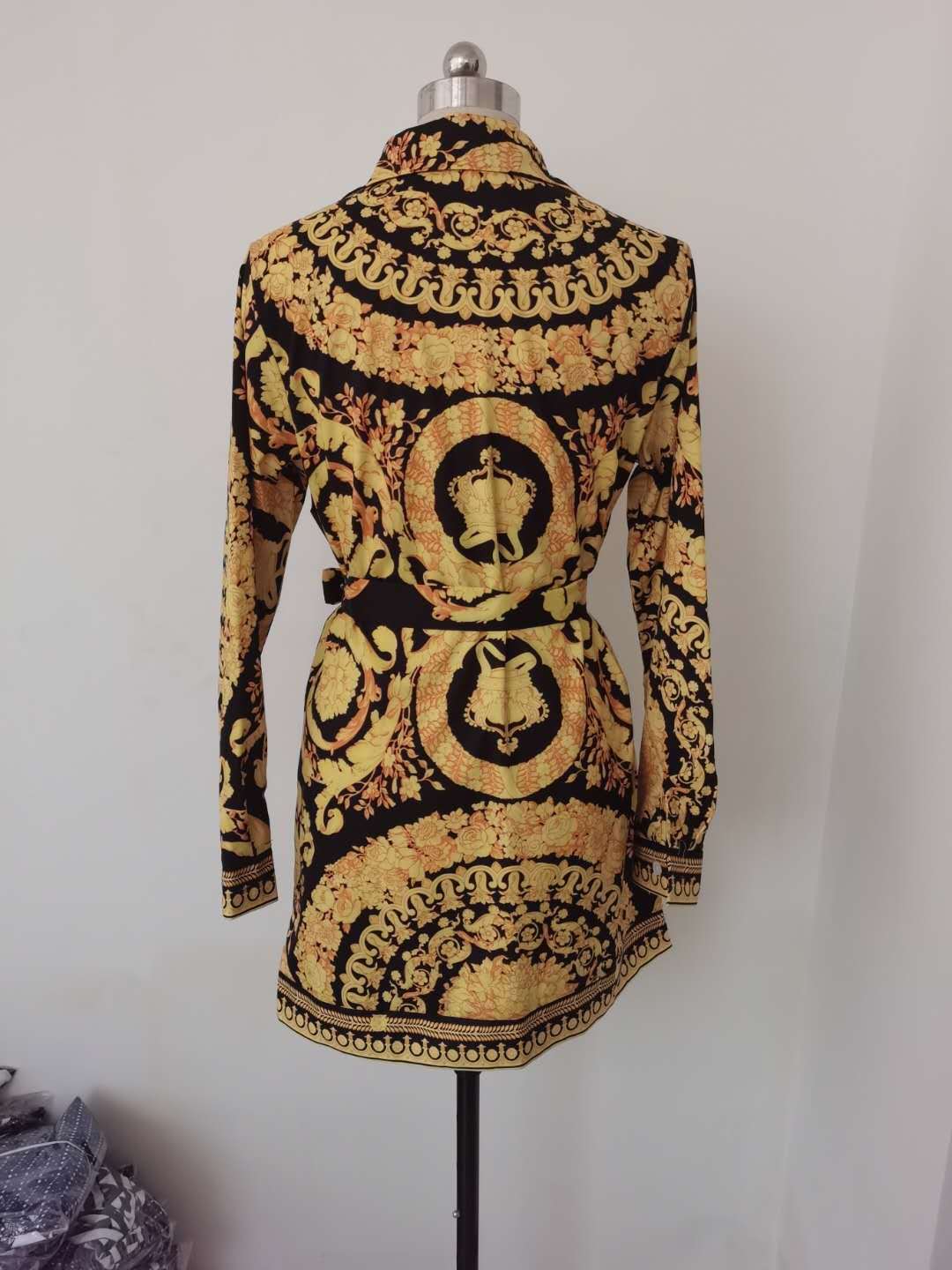 Spring Summer Bohemian Positioning Print Tie Long Sleeve Shirt Dress 11