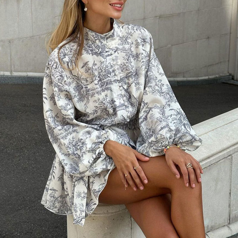 Women Summer Elegant Long-Sleeved Lace-Up Printed Dress 5