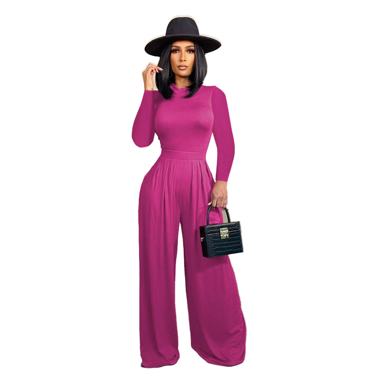 Women'S Fashion Solid Color Long Sleeve Bodysuit + Wide Leg Pants Two Piece Set 8