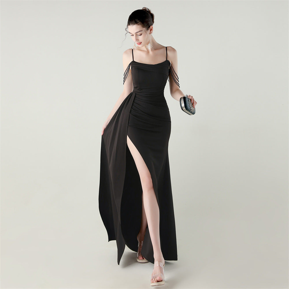 Women Strapless satin beaded chain fishtail evening dress 12