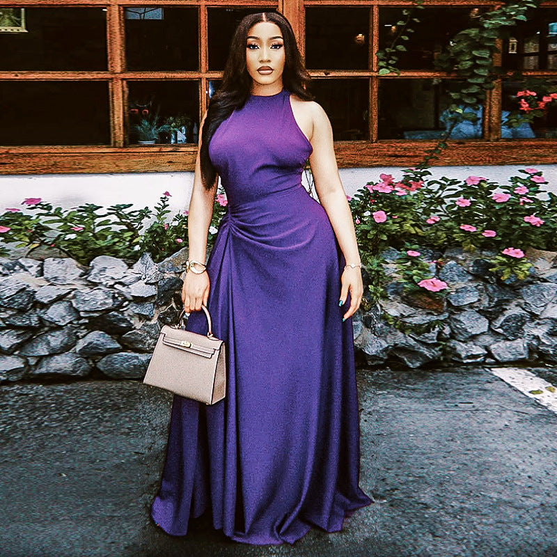 Women Solid Pleated Round Neck Sleeveless Bodycon Dress 6