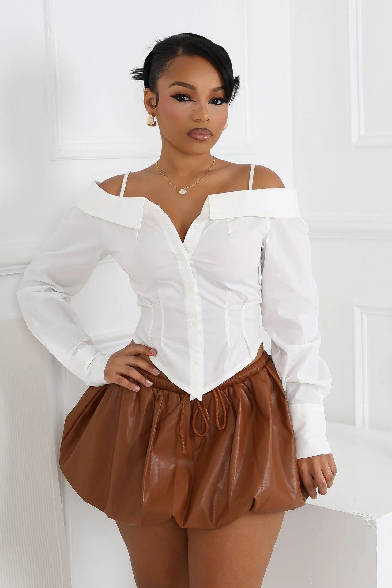 Women Turndown Collar Shirt Long-Sleeved Off-Shoulder Shirt