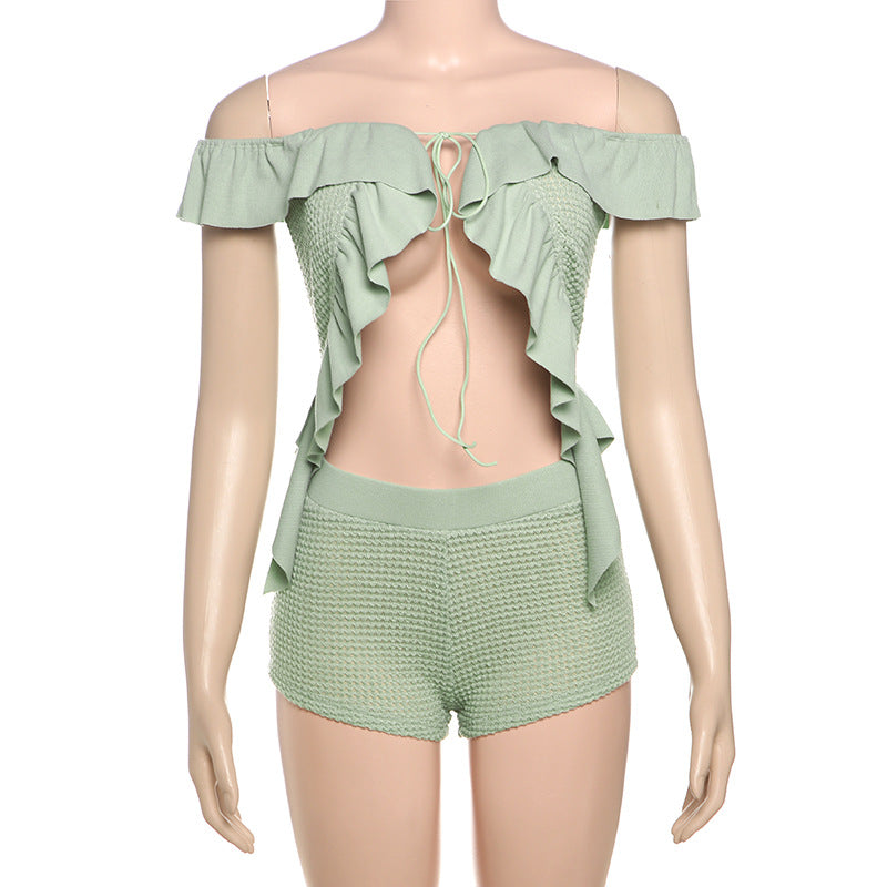 Women Summer Sexy Off Shoulder Lace-up Crop Top Shorts Two-piece Set 9