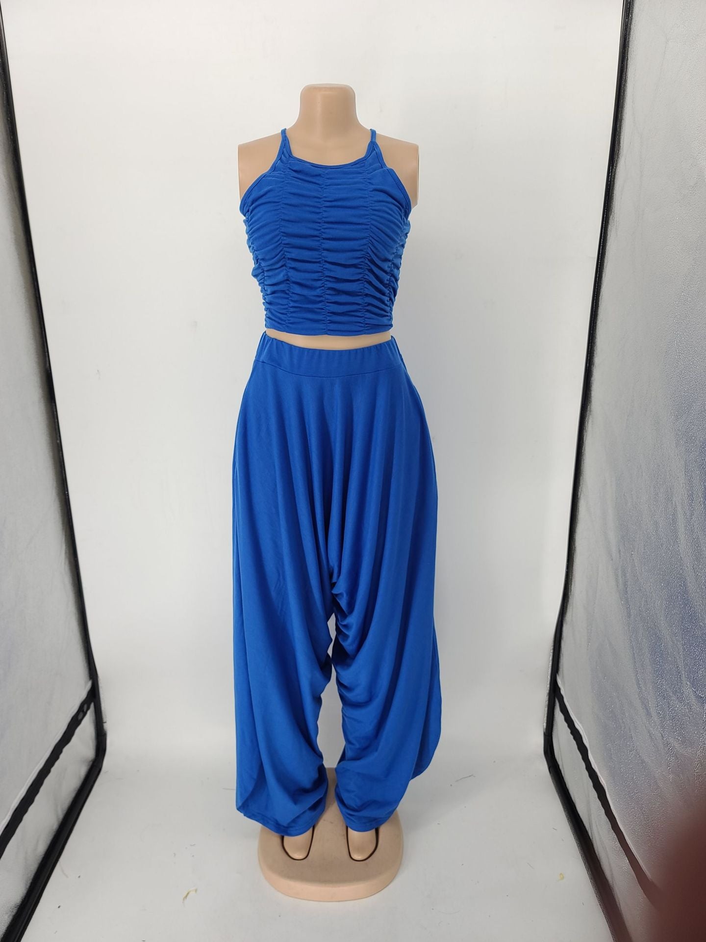 Women summer sexy pleated sleeveless top + wide leg pants two-piece set 18