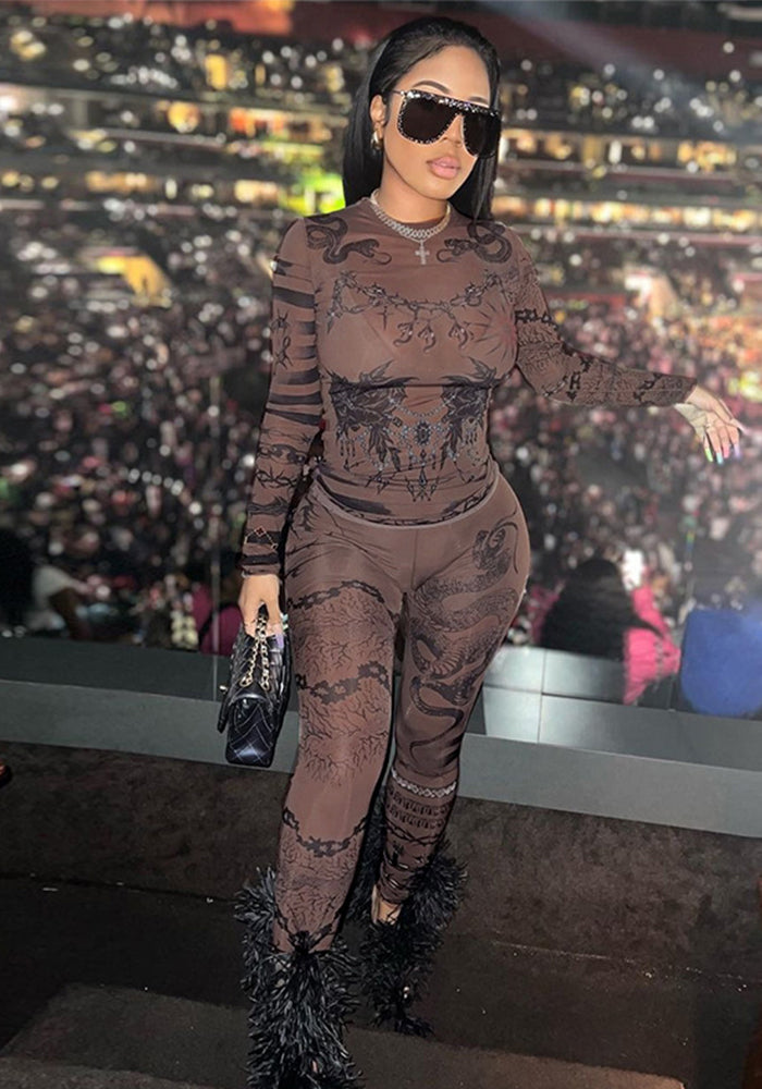 Autumn Women mesh embroidery See-Through Top and trousers two-piece set