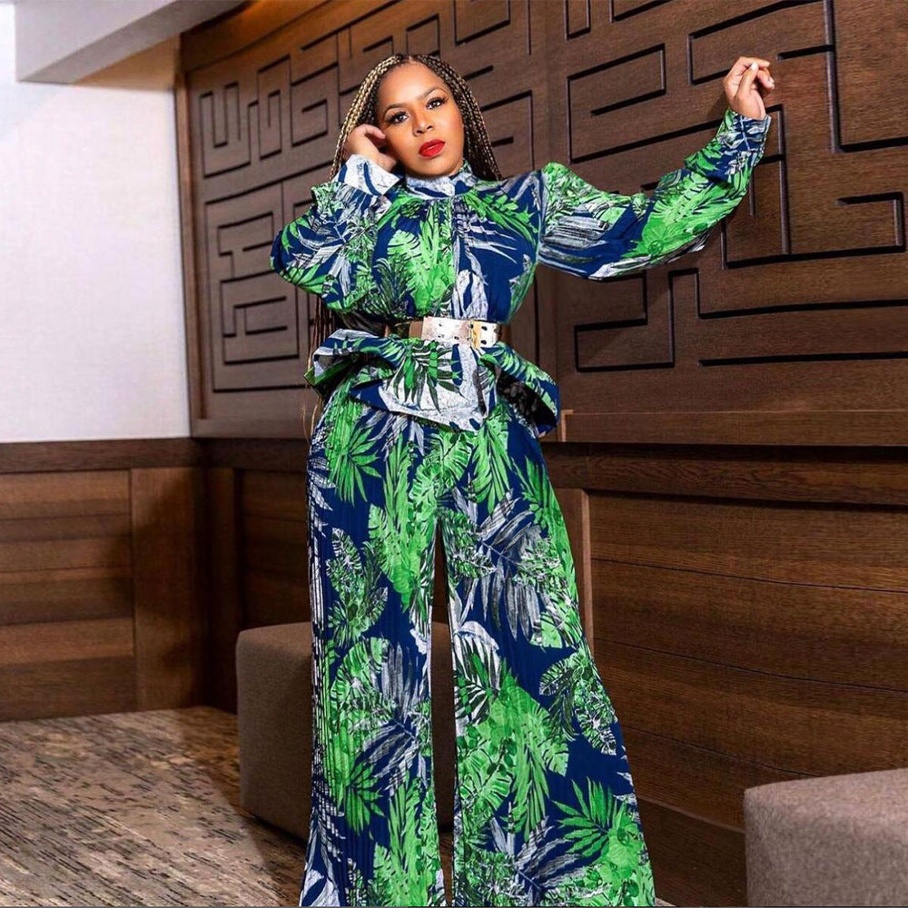 Women Lantern Long Sleeve Top and Wide Leg Pants Printed Casual Two-piece Set 4