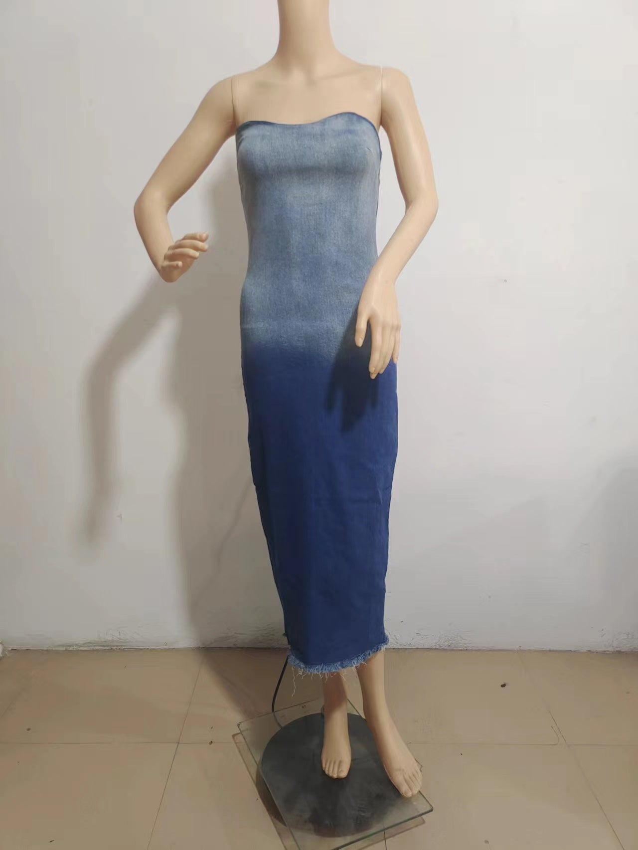 Women's Sexy Gradient Strapless Slit Bodycon Stretch Denim Dress 10