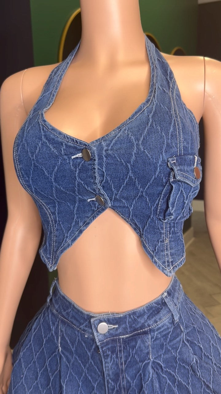 Women Halter Neck Button Washed Sleeveless Top and Skrit Stretch Casual Denim Two-piece Set 6
