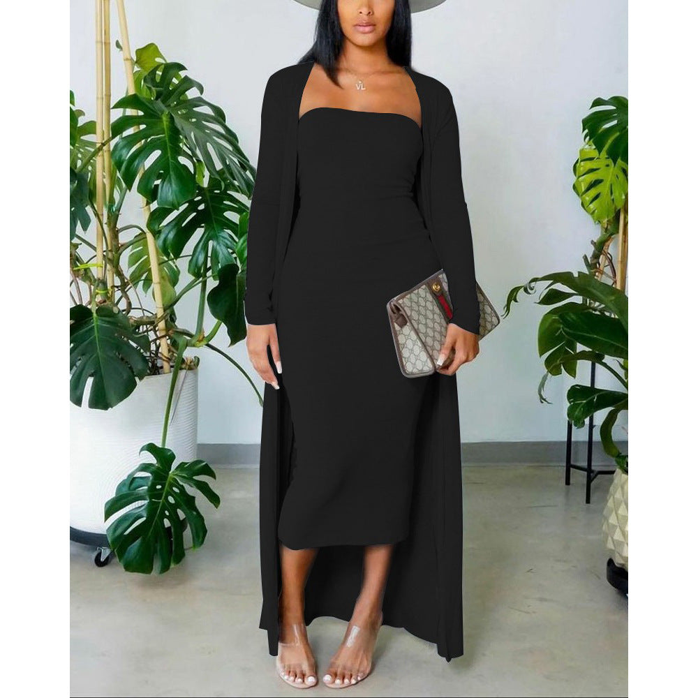 Autumn Long-Sleeved Coat Chic Fashion Solid Color Strapless Slim Long Dress Two Piece Set 10