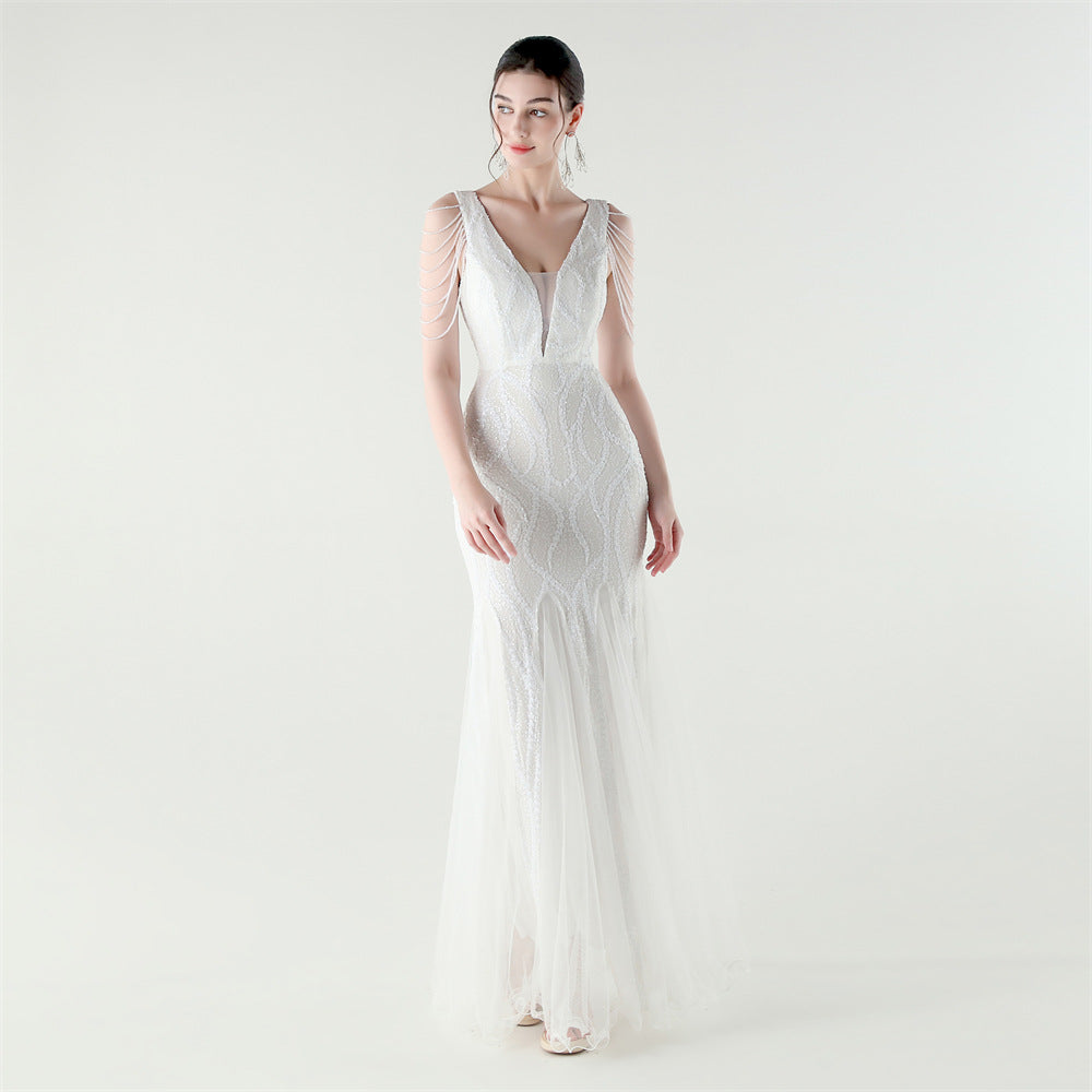 Spring Summer Low Back Sequined Mesh Slim Fishtail Party Evening Dress 9