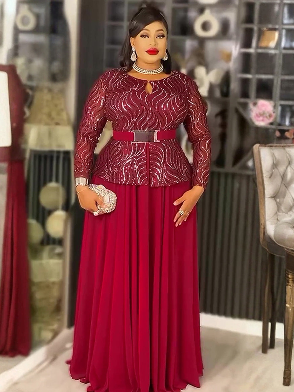 Sequin Formal Party Gown African Women's Plus Size Dress with Belt 6