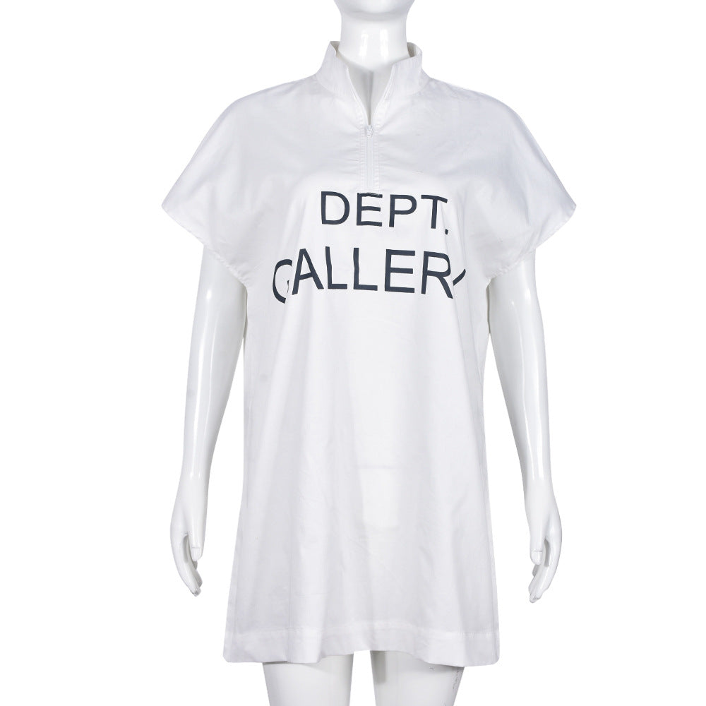 Summer Loose Zipper Printed Stand Collar Short-Sleeved Dress For Women 5