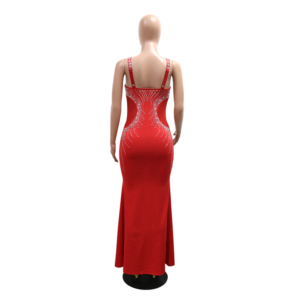 Sexy Strap V-Neck Slim Beaded Long Dress 8