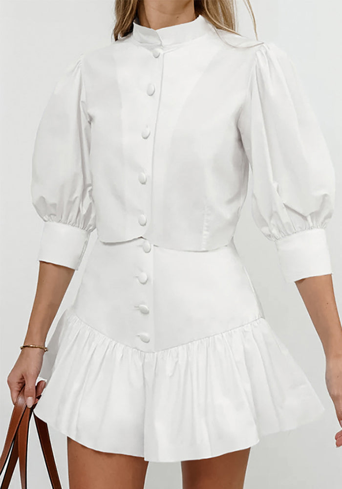Summer White Lantern Sleeve Shirt & Skirt Two-Piece Casual Office Set