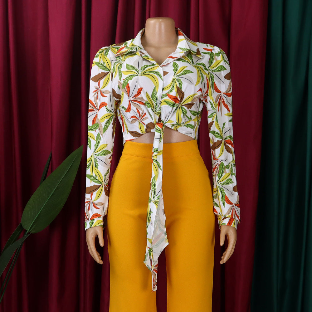 Fashionable Women's Printed Turndown Collar Lace-Up Long Sleeve Shirt 17