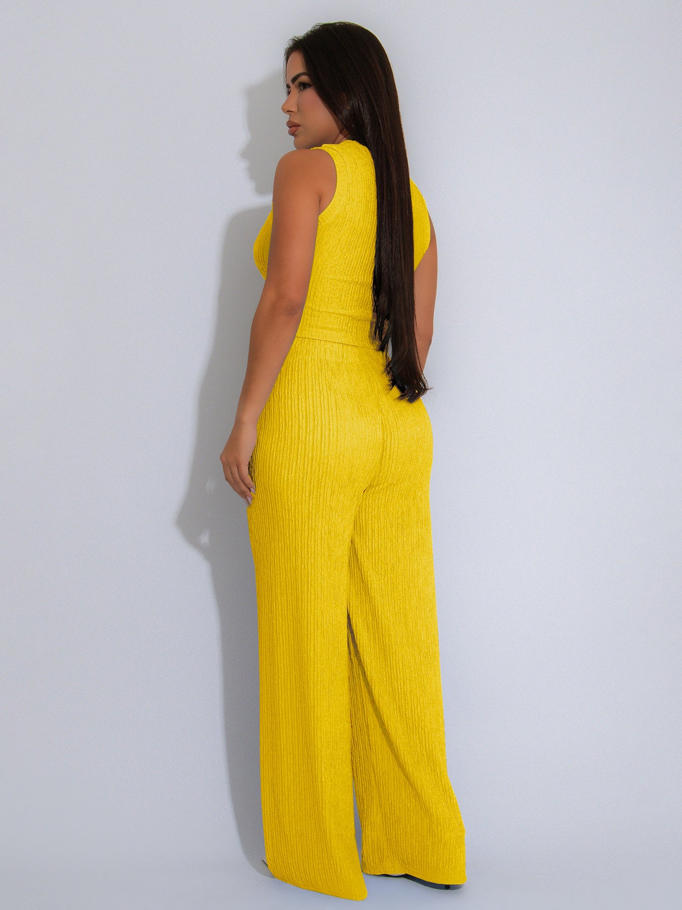 Casual High Stretch Ribbed Sleeveless Tank Top Wide Leg Pants Two Piece Set 23