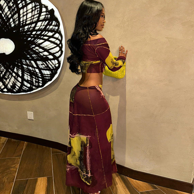 Women's Long Sleeve Crop Top Fashion Breasted Two-Piece Skirt Set 5