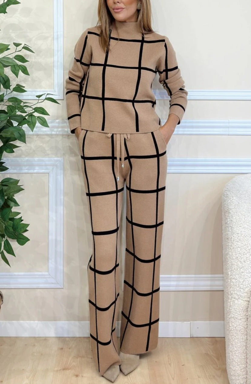 Women Casual Long Sleeve Plaid Print Top and Drawstring Wide Leg Pants Two Piece Set