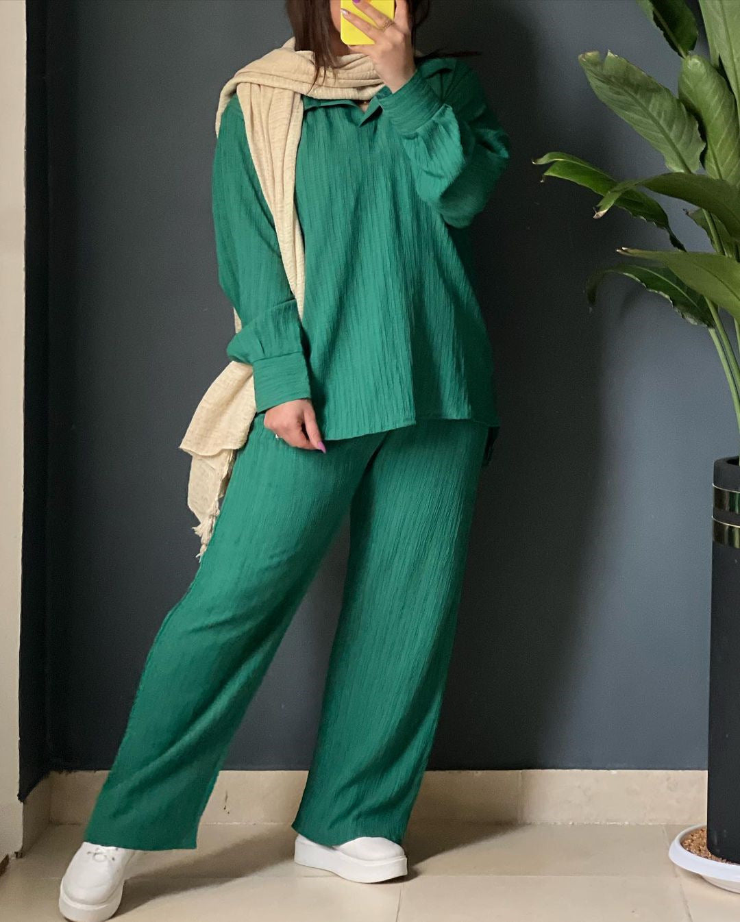 Women Autumn Casual Long Sleeve Turndown Collar Irregular Shirt and Pants Two-piece Set 6