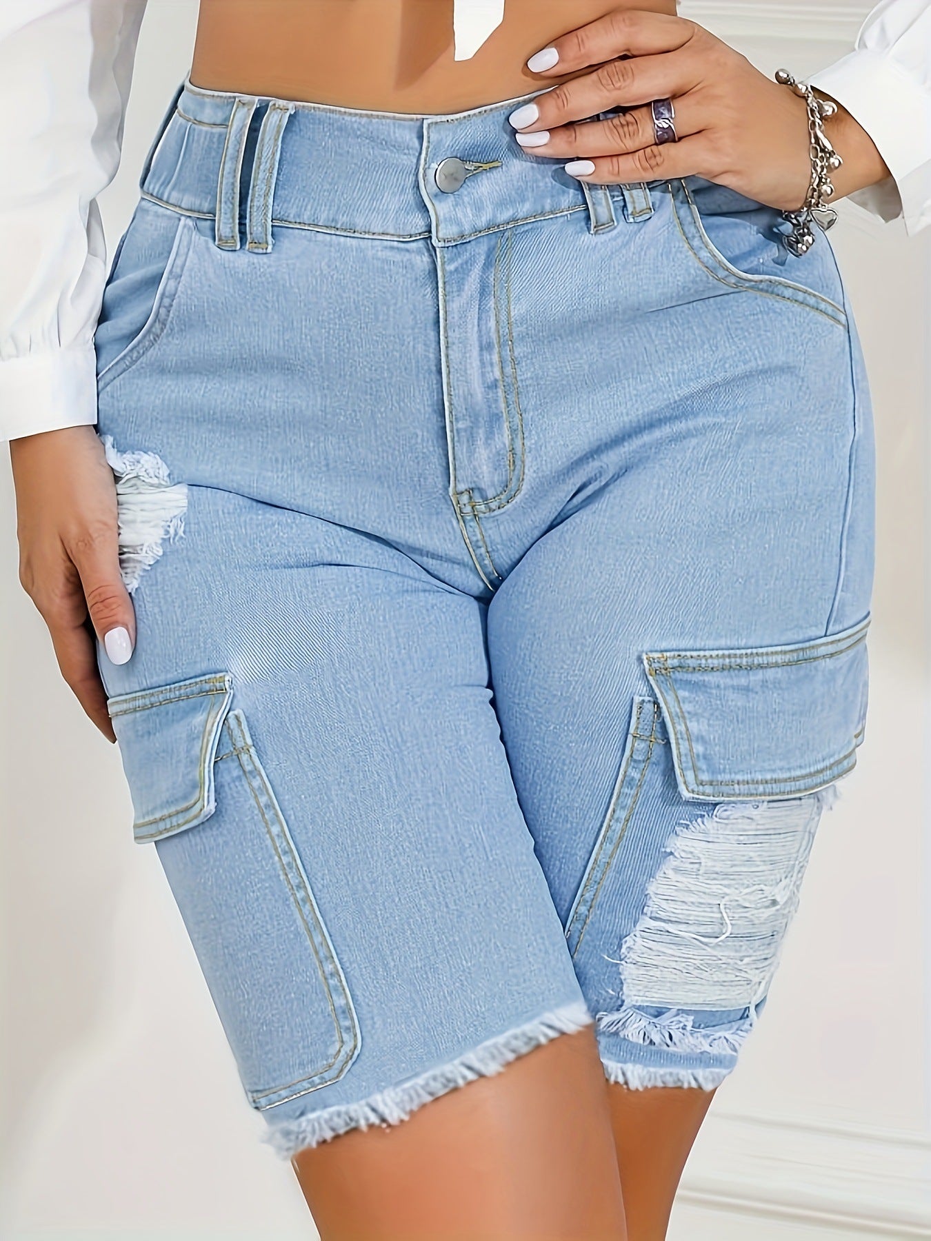 Pocket Ripped Slim Fit Denim Mid-Length Pants Solid Color Summer Street Jeans