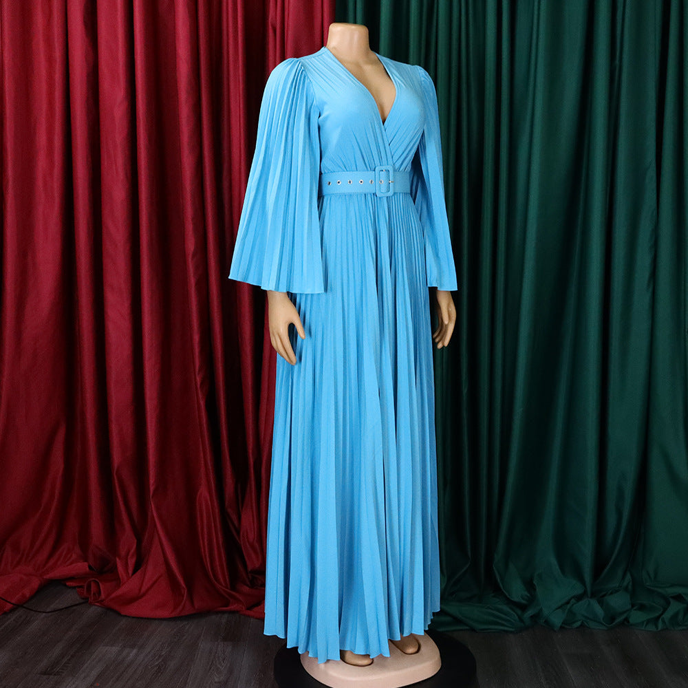 Elegant Women'S Solid Color V-Neck Sexy Pleated Long Dress Maxi Dress 19