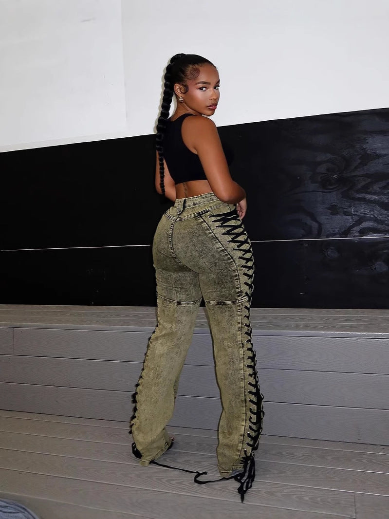 Women Trendy Lace-Up Denim Pants 8