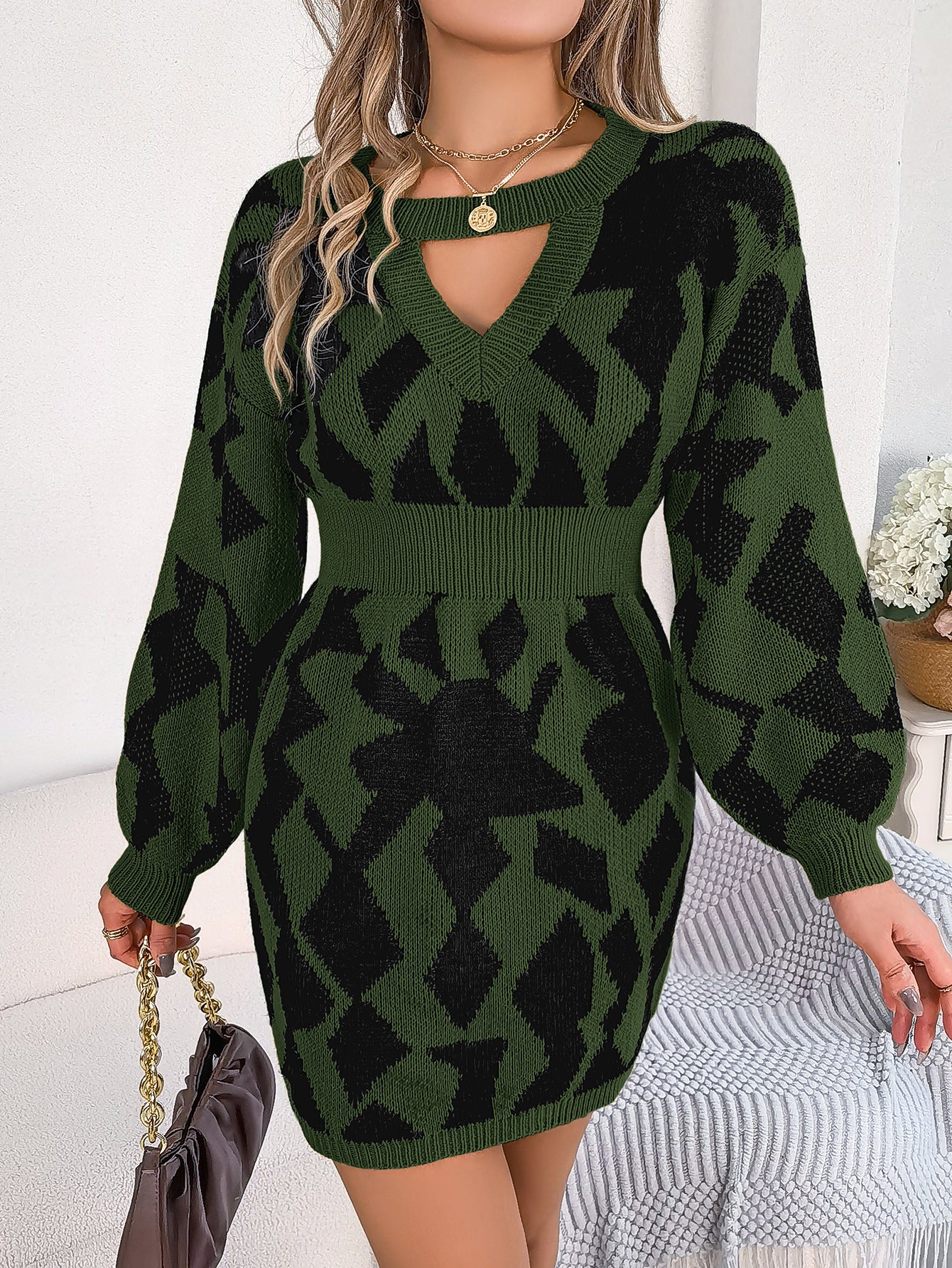 Autumn And Winter Casual Color Block Hollow Sleeve Slim Waist Sweater Dress Women's Clothing 6