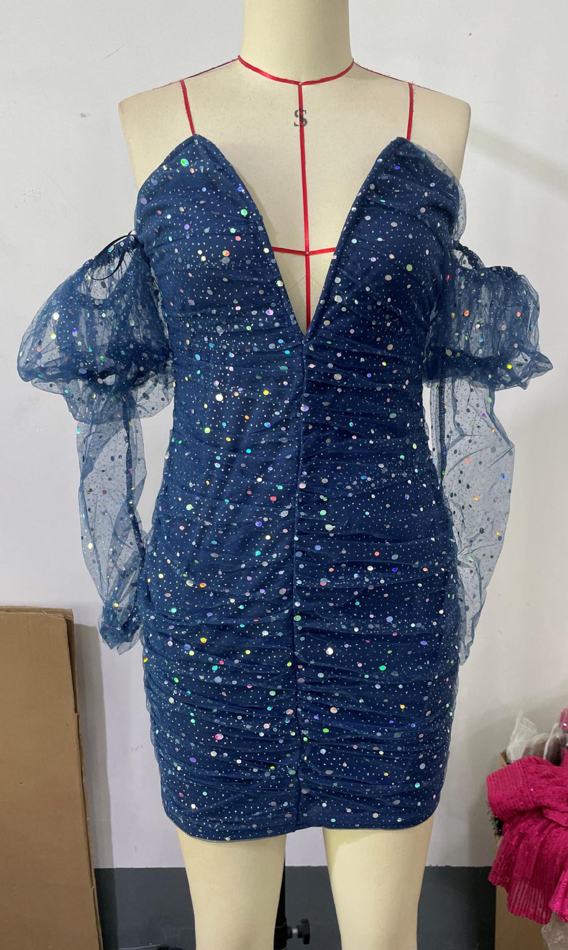 Women Sequin V Neck Off Shoulder Sexy Backless Dress 6