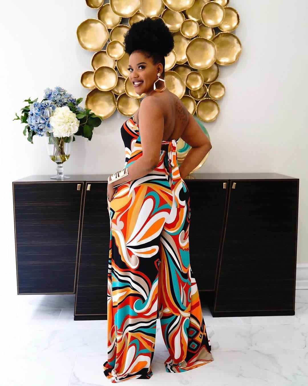 Women Summer Print Loose Pocket Off Shoulder Jumpsuit 3