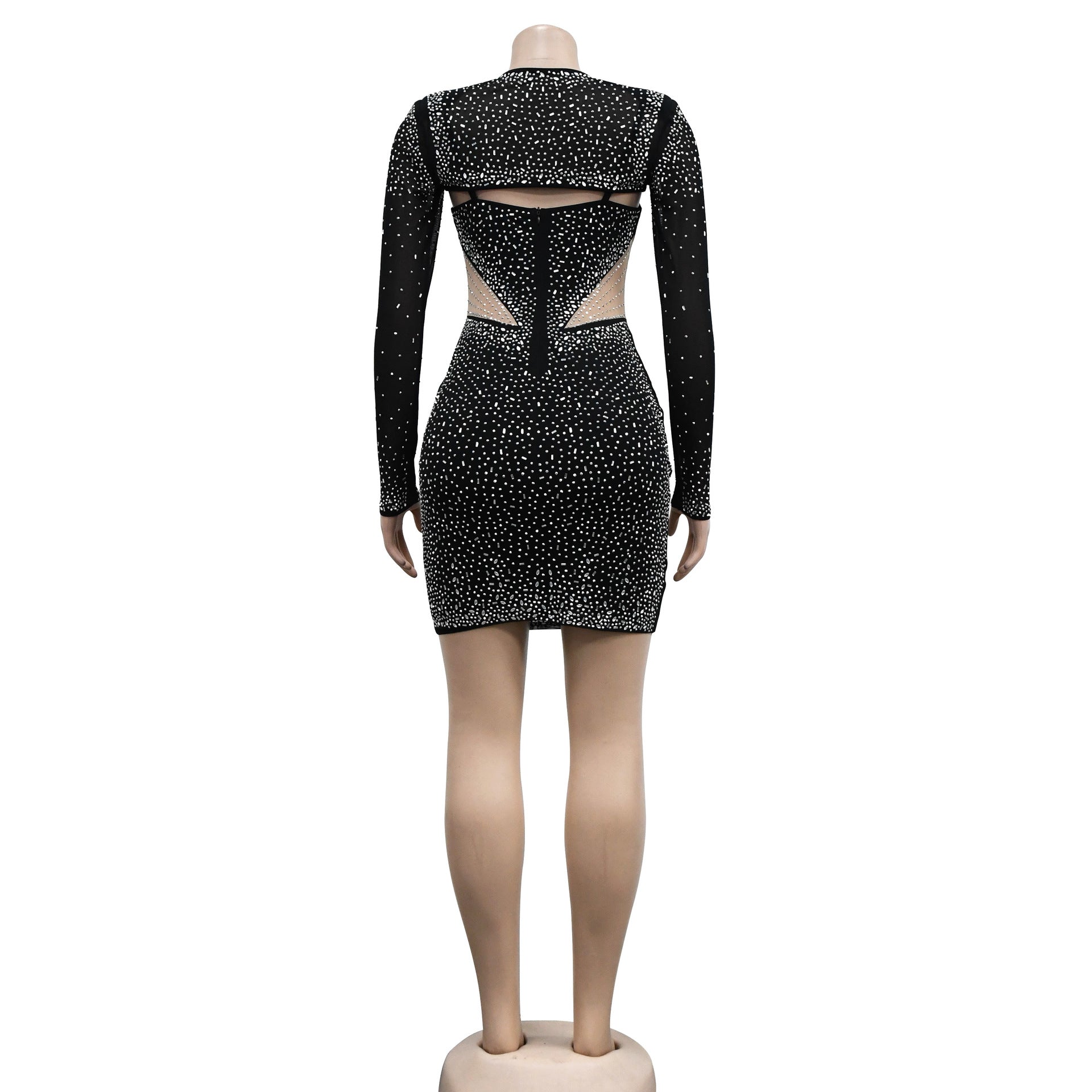 Women's Fashion Solid Color Mesh Beaded Long Sleeve Dress 13