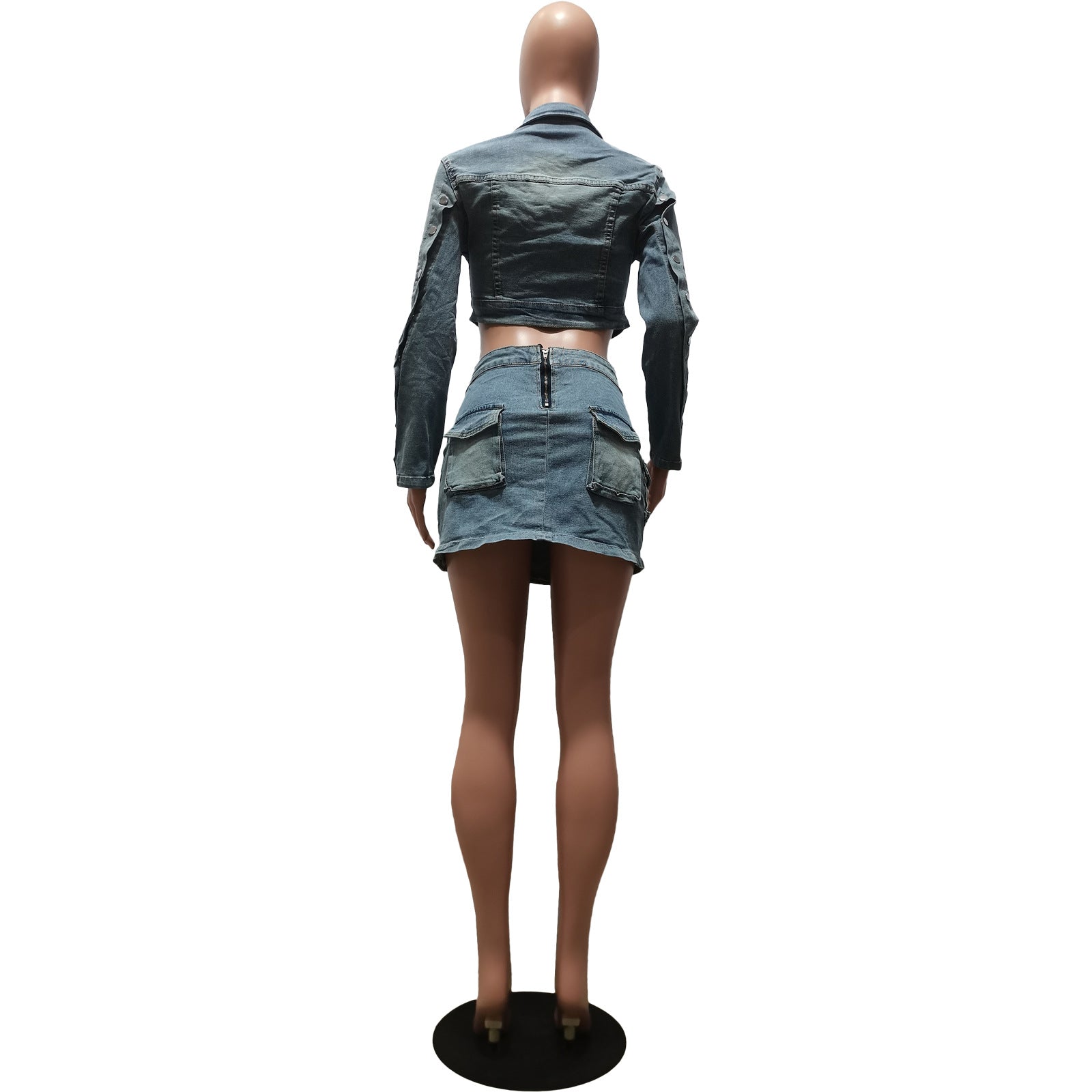 Women Washed Button Zipper Straps Irregular Top and Slit Cargo Denim Skirt Two-piece Set 13