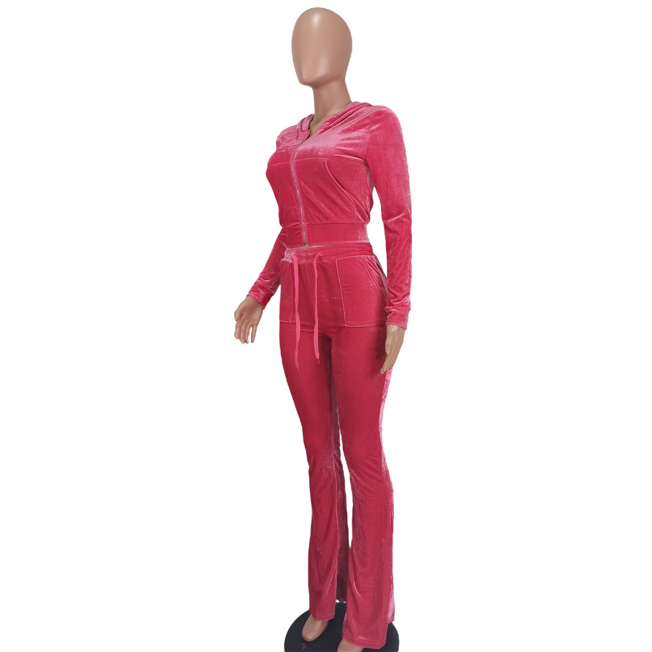 Women's Solid Velvet Casual Zipper Hoodies Wide Leg Pants Two Piece Set 42