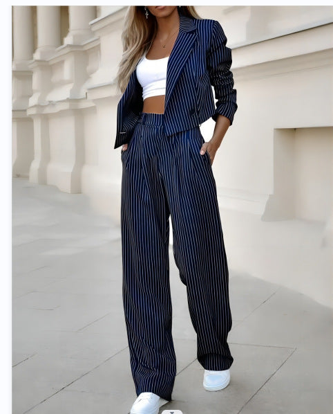 Women Casual Striped Turndown Collar Crop Blazer Straight Leg Pants Two-Piece Set 4