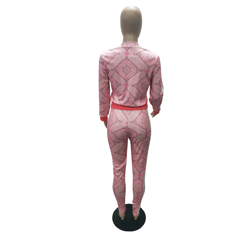 Autumn Printed Stripes Zipper Sports Two Piece Pants Set 9