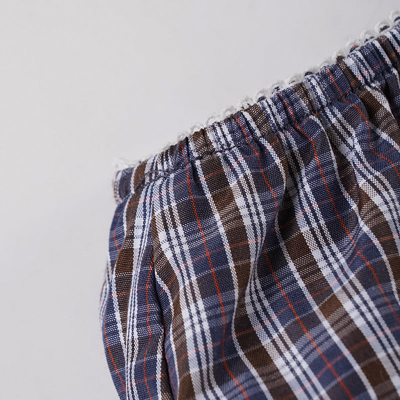 Women's Plaid Lace Trim Elastic Tie-Waist Trendy Woven Short Shirt Set 35