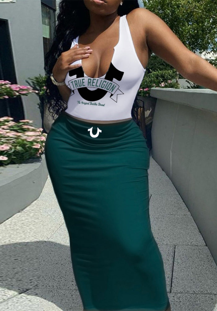 Summer Printed Vest Solid Slim Long Skirt Two-Piece set