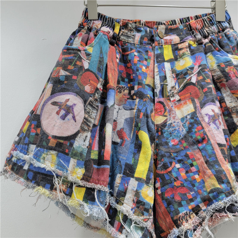 Summer Fashion Printed Distressed Wide-Leg Denim Shorts 4