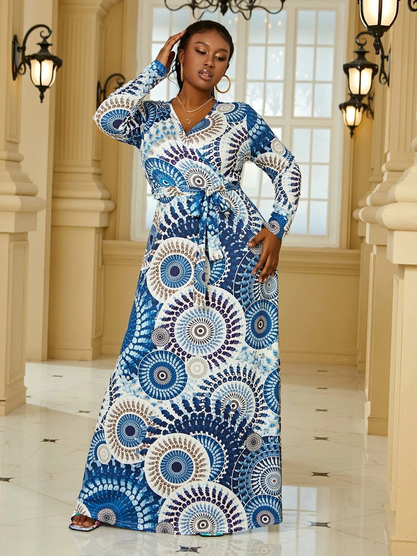 Plus Size Women's Sexy V-Neck Long Sleeve Bohemian Beach Long Dress 4