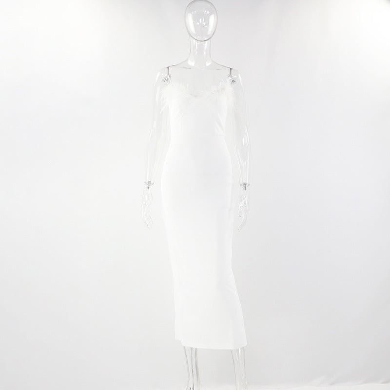 Spring Feather Deep V Sexy Tight Fitting Fashion Dress 21