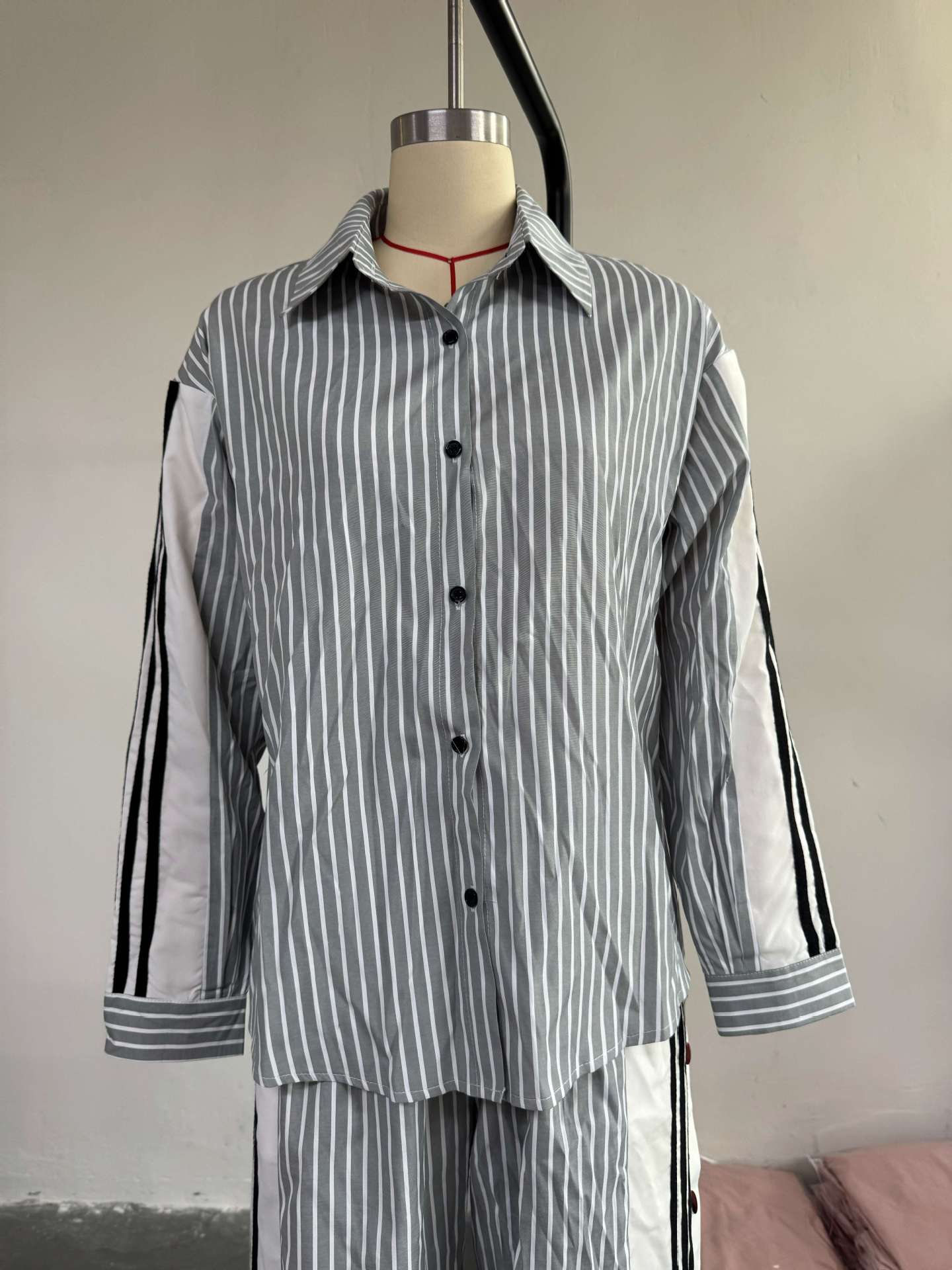 Women summer Turndown Collar striped long-sleeved shirt wide-leg pants Casual two-piece set 7