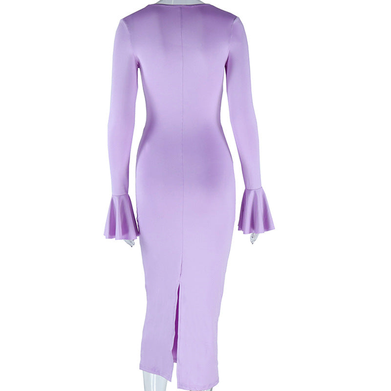 Fashionable Round Neck Solid Color Bell Bottom Sleeve Slit Slit Midi Dress 13