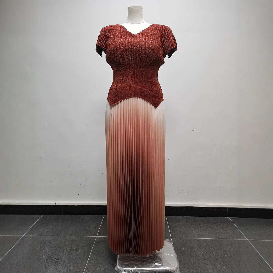 Women pleated v-neck sexy Shiny Top and gradient elegant Skirt two-piece set 10