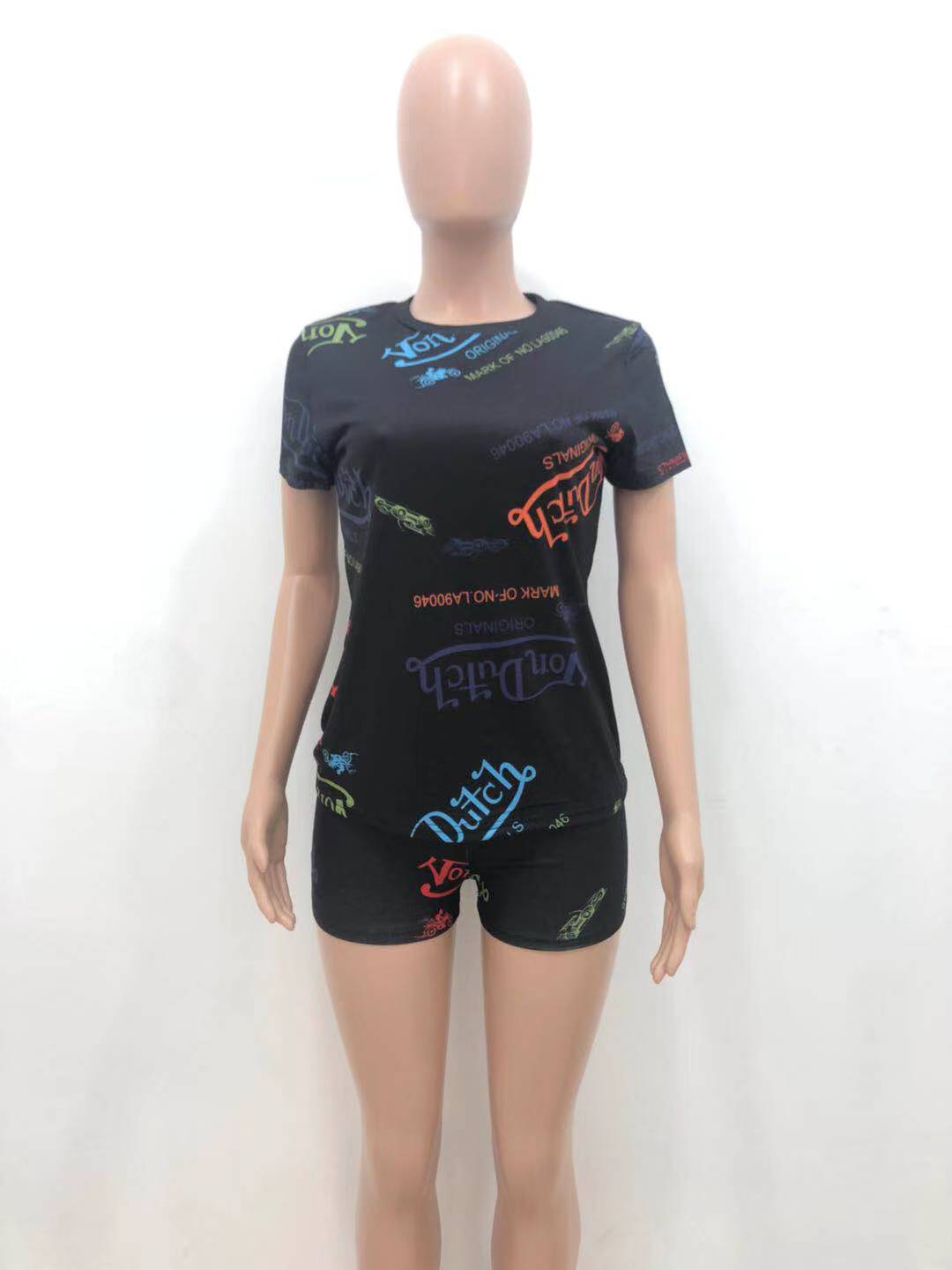 Women Sexy Letter Print Round Neck Short Sleeve Top and Shorts Two Piece Set 18