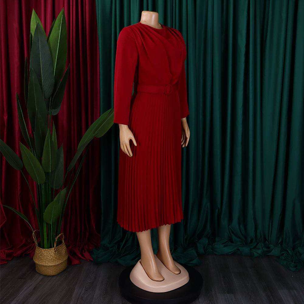 Plus Size African Women Chic Elegant Pleated Career Solid Dress 32