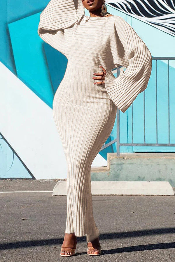 Spring Long Sleeve Solid Color Ribbed Bodycon Dress