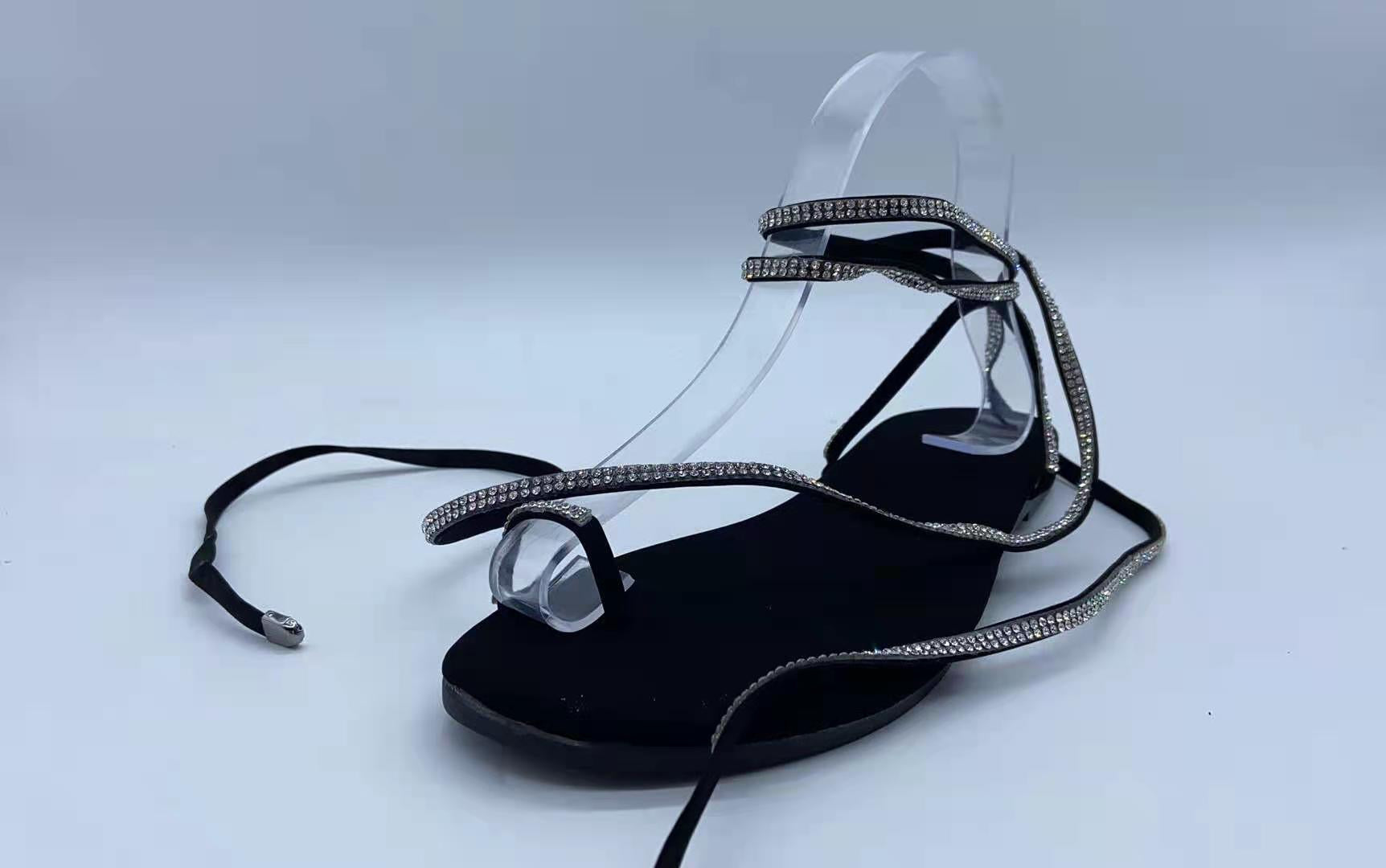 Women lace-up summer rhinestone slippers