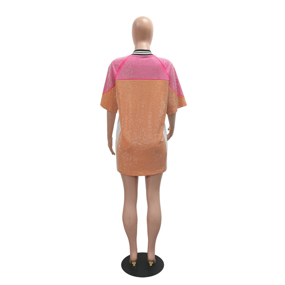 Patchwork Beaded Round Neck Contrast Color half-sleeved v-neck loose jersey dress 9